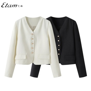 Etam/艾格ES白色小香风短外套女秋季新款箱型正肩甜美轻熟V领外套
