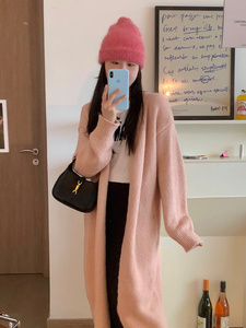 粉色毛衣外套韩版女装秋冬宽松慵懒风甜美减龄上衣中长款针织开衫