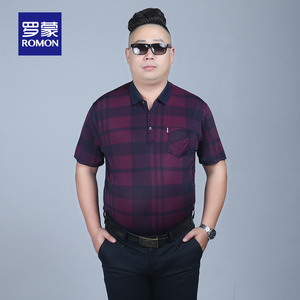 罗蒙大码t恤男加肥加大宽松短袖肥佬大肚子男装啤酒肚格子polo衫