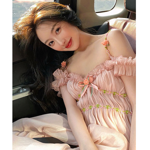 法式仙女粉色花朵薄纱长裙女夏季高级感甜美一字肩度假吊带连衣裙