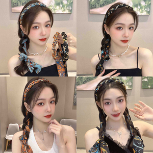 复古飘带发箍一体缎面布艺压发卡编发绑发丝巾发带头箍女夏天头饰