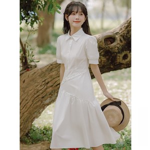 法式小白裙衬衫连衣裙女夏季教资面试衣服白色领证裙子小众设计感