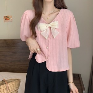 法式v领甜美蝴蝶结粉色衬衫女泡泡短袖夏季设计感小众别致上衣服