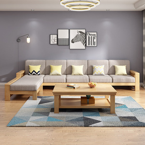 欧式简约转角实木框架全布艺客厅沙发七字型l型仿古小广长江37