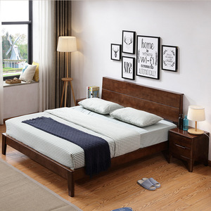 北欧实木日式双板床卧室简约现代床色胡桃色1.21.51.8米c02