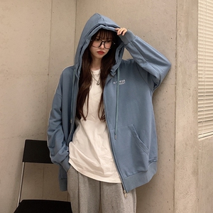 2021中长新款春秋雾霾蓝连帽卫衣女宽松韩版bf慵懒风拉链外套学生