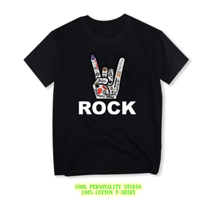 摇滚音乐周边 欧美流行乐队联名rock手势短袖t恤男女宽松体恤情侣