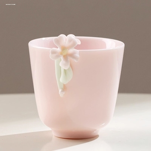 手工捏花陶瓷主人杯德化白瓷羊脂玉品茗杯功夫粉色小茶杯茶碗茶盏