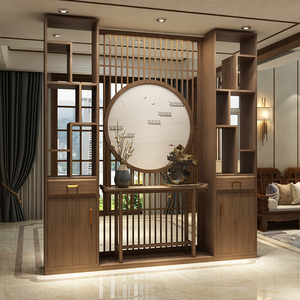 新中式胡桃木实木屏风隔断客厅进门玄关柜大厅背景墙电视柜办公室