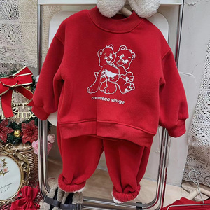 韩系卡通小熊加绒卫衣儿童红色新年套装男女童冬季宽松卫裤两件套
