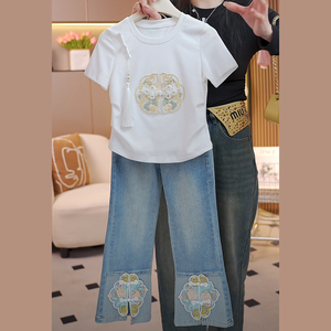 女童国风短袖T恤微喇牛仔裤套装2024夏款中大童新中式刺绣喇叭裤9