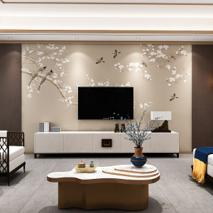 新中式墙布电视背景墙家用卧室客厅床头壁纸墙布花鸟素雅无缝壁画