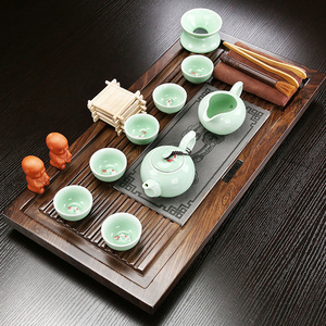 整套紫砂陶瓷功夫茶具套装家用简约办公整板实木小茶盘茶台茶道组
