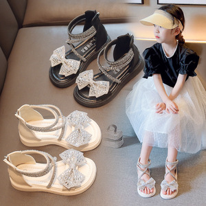 女童罗马凉鞋后拉链2022新款时尚夏季韩版小学生儿水钻蝴蝶结公主