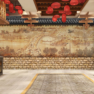 复古农村泥砖墙壁纸清明上河图背景墙中式餐厅餐馆酒店装修墙纸