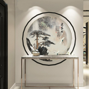 迎客松新中式入户玄关装饰画圆形进门画中国风客厅画芯墙纸壁画布