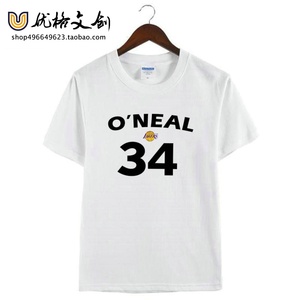 奥尼尔湖人34号标志纪念衫周边衣服纯棉短袖半袖白色T恤衫