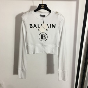 2022法国巴家paris女士短款棉t恤b字母垫肩通勤圆领春季长袖