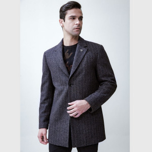 王族保罗西服领时尚条纹大衣中长款加厚棉衣保暖外套男装160181p