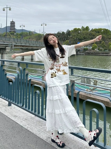 白色蛋糕裙女春秋2024新款短袖t恤芭蕾风小个子蓬蓬蕾丝半身长裙