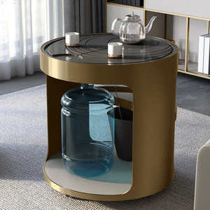 轻奢圆形茶桌家用小茶台烧水壶一体可移动茶车客厅不锈钢极简边几