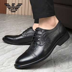 阿玛尼男鞋头层牛皮透气皮鞋2022年新款商务休闲复古镂空黑色皮鞋