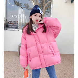 女童粉色羽绒服2021新款洋气儿童加厚冬季中大童白鸭绒连帽冬装潮