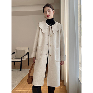 双面呢大衣女2022秋冬新款纯色羊毛呢子中长款娃娃领米色毛呢外套