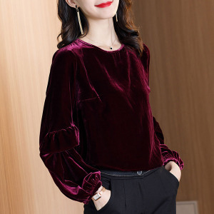 金丝绒上衣2021早秋新款女装灯笼袖真丝丝绒衬衫时尚洋气长袖小衫