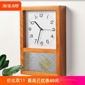 日式复古实木钟表家用客厅方形座钟静音挂钟北欧台式摆件摇摆时钟