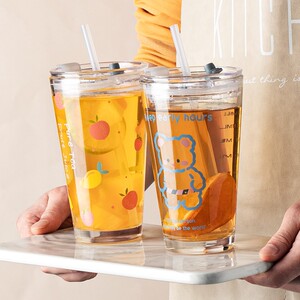 奶茶杯子家用可吸珍珠水杯女夏季个性创意吸管玻璃杯带盖大容量.