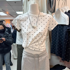白色复古圆领波点针织短袖T恤女夏季独特设计感小飞袖薄款短上衣