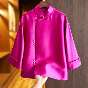 玫红色真丝羊毛女士短外套设计感小众旗袍领国风盘扣绸缎中式上衣