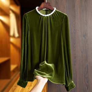 墨绿色真丝丝绒衬衫女早秋新款设计感小众钉珠高贵洋气金丝绒上衣