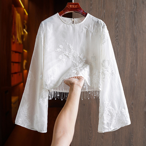 白色高端真丝欧根纱新中式衬衫女款洋气流苏钉珠桑蚕丝刺绣短上衣