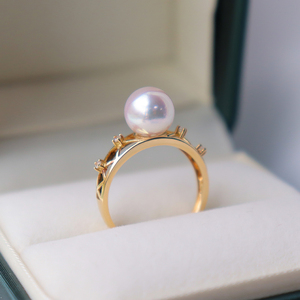 princess珍珠 进口日本akoya珍珠戒指18k金强光天然海水单颗珍珠