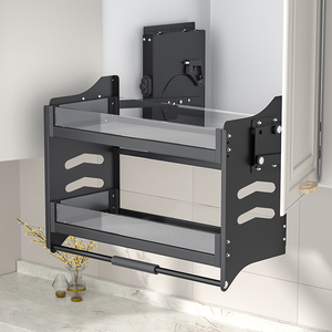 吊柜升降拉篮厨房橱柜不锈钢双层升降下拉式拉篮铝合金调味篮阻尼