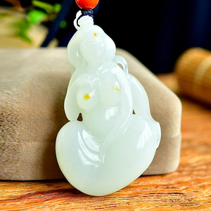 玉美人吊坠天然新疆和田玉挂件白玉籽料遇贵人男士款玉石项链51g