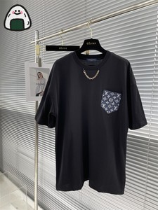 l0uis vuitton 22新款老花字母牛仔口袋 lv短袖男 领口链条t恤女