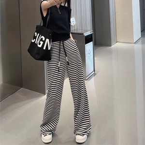 黑白条纹阔腿裤女夏高腰垂感宽松显瘦加长拖地裤百搭直筒休闲长裤