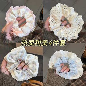 芭蕾风奶蓝格子重工烫钻蕾丝花边韩版大肠发圈可爱网红甜妹发绳女