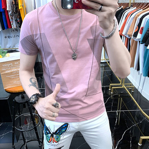 夏季潮牌男士短袖修身潮流半袖t恤时尚圆领体恤2021新款上衣粉色