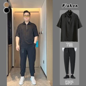 微胖男生穿搭夏季条纹拉链短袖体恤衫胖子男装全身搭配宽松polo衫