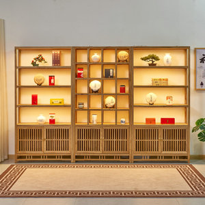 茶叶柜展示架货架实木老榆木带灯茶具多宝格普洱茶饼陈列柜茶叶架