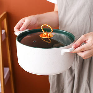创意陶瓷双耳汤碗带盖ins风餐具家用大号大碗饭碗个性微波炉汤盆