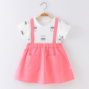 女童连衣裙纯棉夏季新款女宝宝短袖背带假两件中小童小兔印花裙子