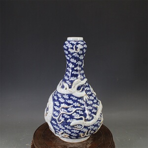 元青花堆塑盘龙蒜头瓶古董古玩出土古瓷器摆件包老老货旧货收藏品