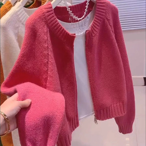 欧洲站高端秋冬季2024新款女装玫红色羊绒针织毛衣外套上衣潮欧货