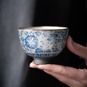 中式复古家用陶瓷茶杯青花缠枝莲主人杯盏杯品茗杯功夫茶具单杯