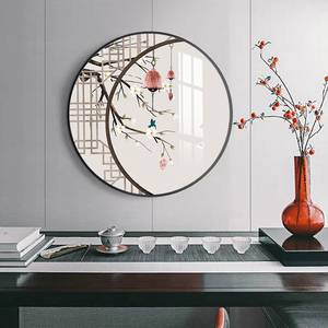 新中式装饰画入户玄关圆形挂画古风书房背景墙画禅意茶室餐厅壁画